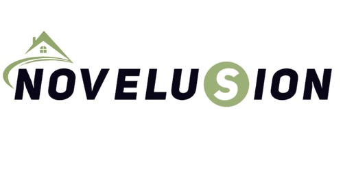 Novelusion logo with a green house icon on a white background