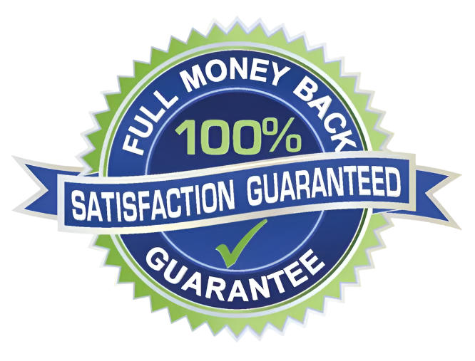 100% satisfaction guaranteed badge with green and blue colors on a white background