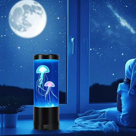 Lamp with jellyfish design on a windowsill with moon and starry sky in the background